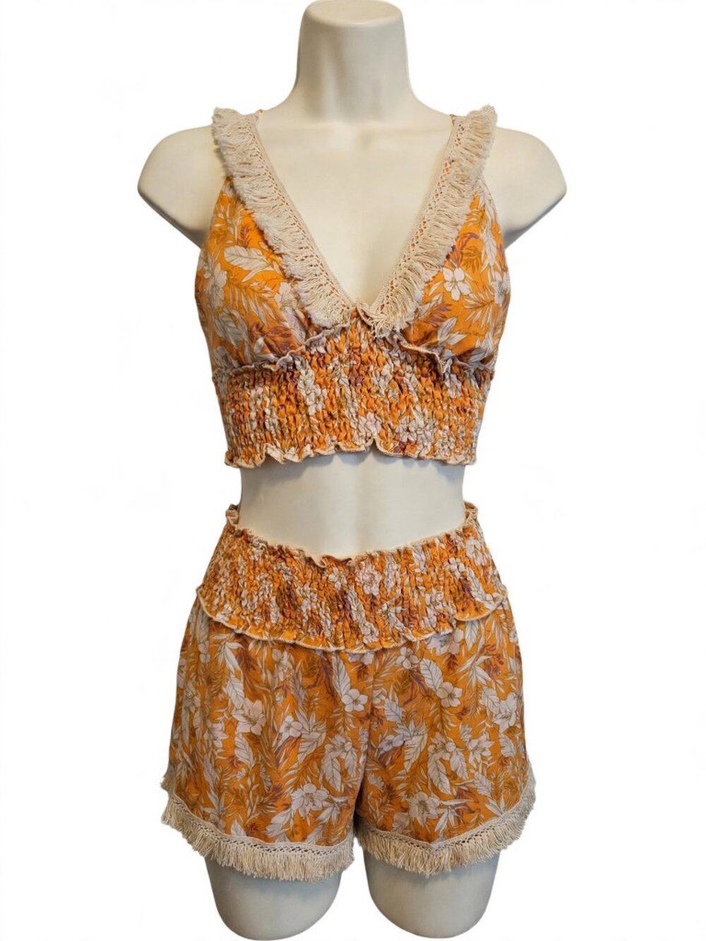 ILLA ILA Tangerine Floral Smocked Crop Top & Shorts Set L NWT